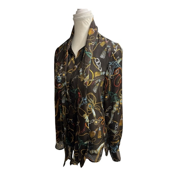 ZARA Chain Detail Button Blouse with Tie Neck Sz M - Picture 6 of 10